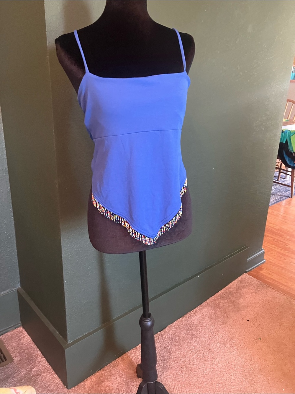 LA movers vintage Blue Spaghetti-Strap Cami with Beaded Handkerchief Hem